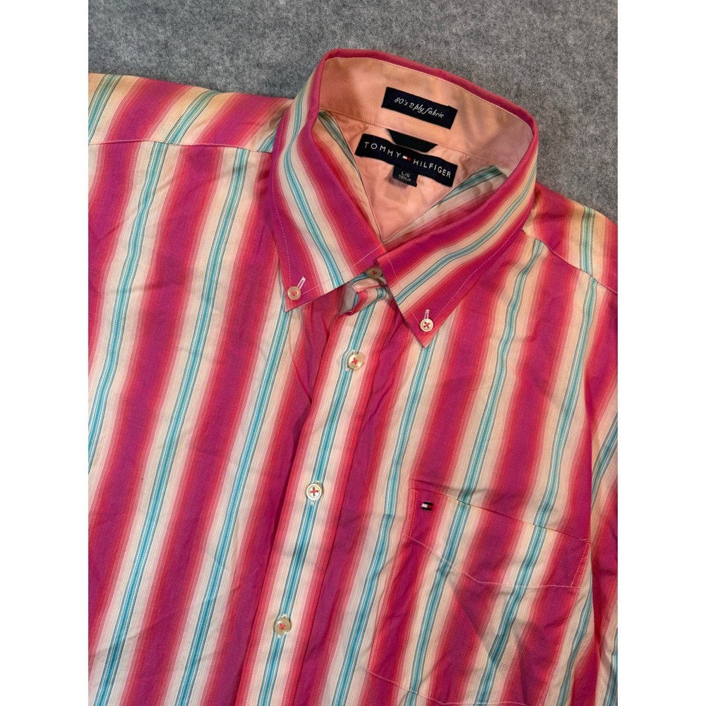 Vintage Tommy Hilfiger Mens Large Pink Striped‎ Short Sleeve Button Down Shirt